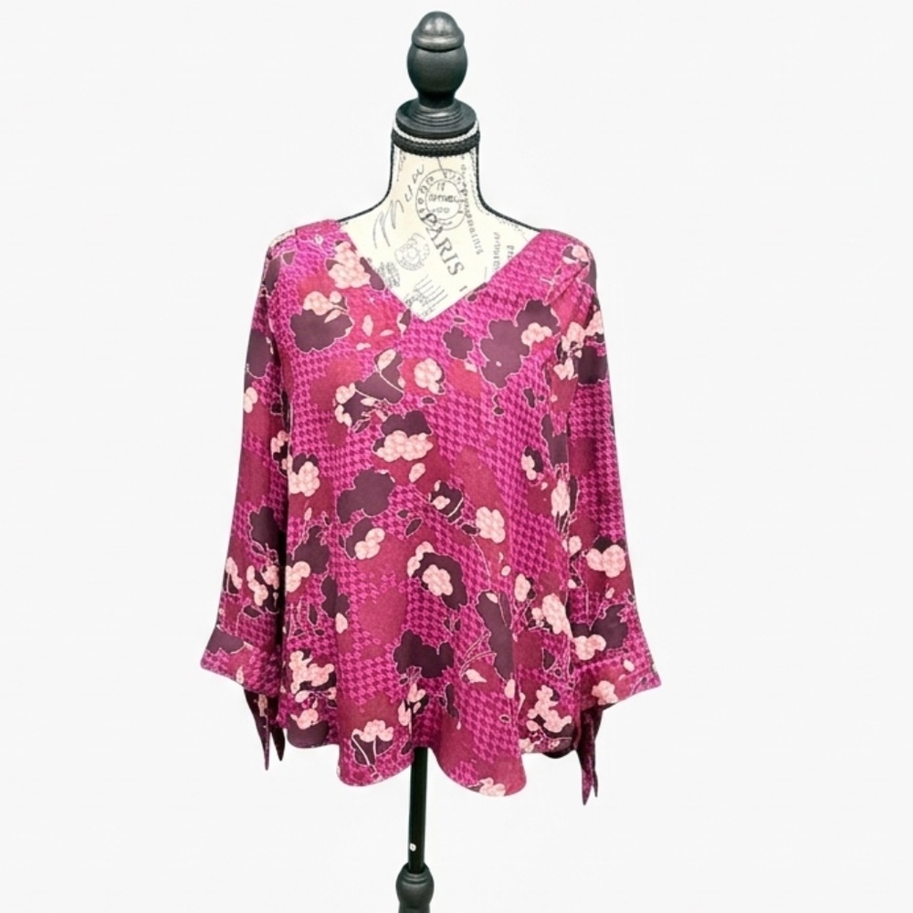 🌸 Zac & Rachel Burgundy Floral Houndstooth Blouse L